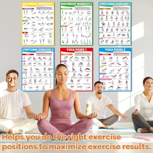 gisgfim 6PCS Workout Posters for Home Gym-Yoga Poses, Stretching and Bodyweight Exercise Charts Yoga Positions Poster Full Body Laminated Fitness Training Guide for Beginners Garage Wall Decor