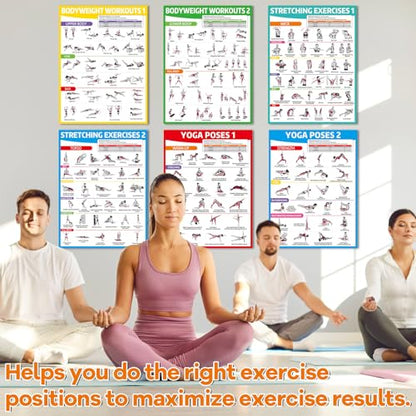 gisgfim 6PCS Workout Posters for Home Gym-Yoga Poses, Stretching and Bodyweight Exercise Charts Yoga Positions Poster Full Body Laminated Fitness Training Guide for Beginners Garage Wall Decor