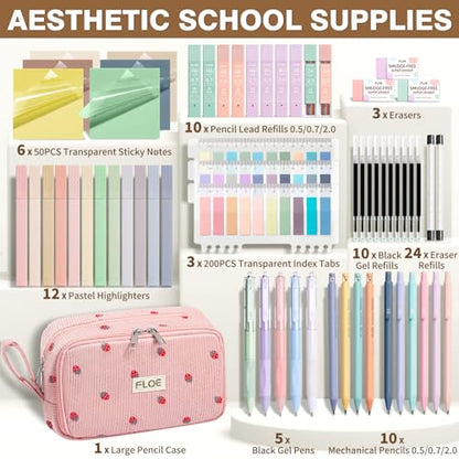 62PCS Aesthetic School Supplies Cute Back to School Supplies Stationary Set | College Preppy Essentials Kit with Large Pencil Pouch Case, Pastel Highlighters Gel Pens Mechanical Pencils for Student Girls - color: Pink Strawberry