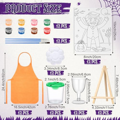 Sherr 96 Pcs Pre Drawn Canvas Kit 12 Sets with Easel Apron,Halloween | Adult Painting Party Set with Brushes Paints Wine Glasses, 8x10 Ready to Paint, DIY Craft for Paint Parties and DIY Crafts - style: Halloween
