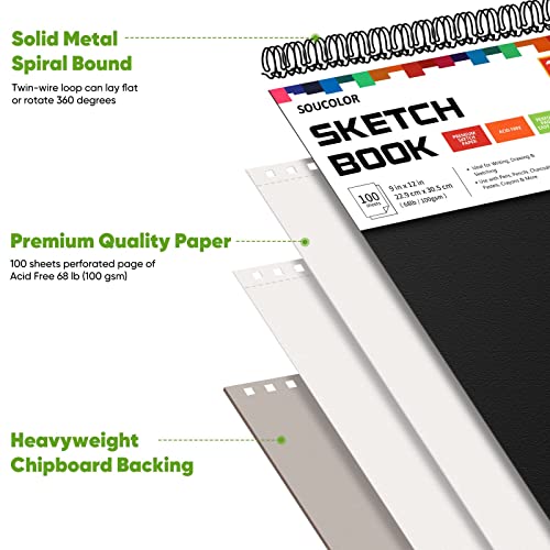 Soucolor Sketch Book,3 Pack 9"x12" Sketchbook for Kids Drawing Paper Pad | 300 Sheets Spiral Bound, Acid-Free 68lb/100gsm Art Paper for Kids Artists, Perforated Pages Suitable for all dry media - color: Black, size: 9" x 12" (Pack of 3)