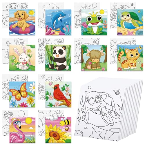 Anseal 12 Packs Pre Drawn Canvas to Paint, 4" X 4" Animal Pre-Printed Canvas Paint Party, Stretched Outline Painting Boards for Beginners, Party Favor - style: Animal