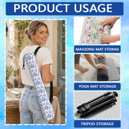 FINGERINSPIRE Mahjong Mat Holder Bag with Strap 35.83x5.9inch Canvas Yoga Mat Bags with Adjustable Strap Blue Birds Floral Branches Print Drawstring Carrier Bag Outdoor Storage for Mahjong Yoga Mats