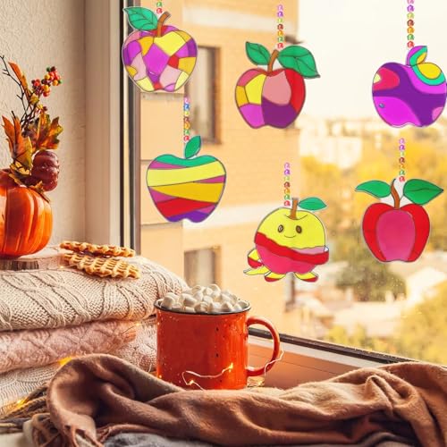 30 Set Apple Suncatcher Craft Kits, Blank Back to School Sun Catcher Art | DIY Window Paint Art Sets for First Day of School Supplies Home Party Activities Art Project - style: Apple