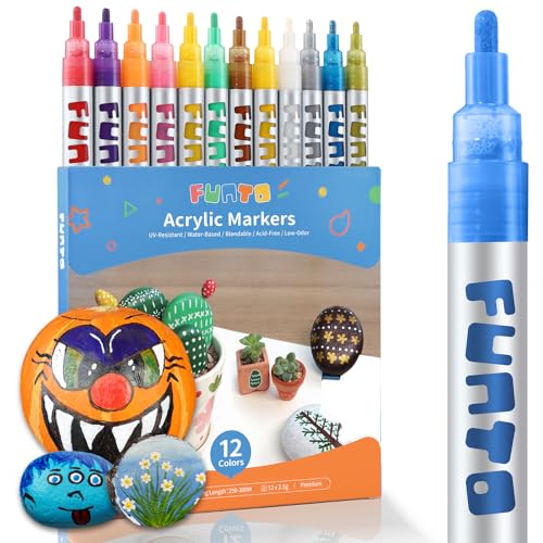 Funto Acrylic Paint Pens for Rock Painting, Fabric, Wood, Canvas, Metal, Ceramic, Glass, 12 Colors Paint Marker Set, Non-Toxic, Quick Drying - color: 12 Colors