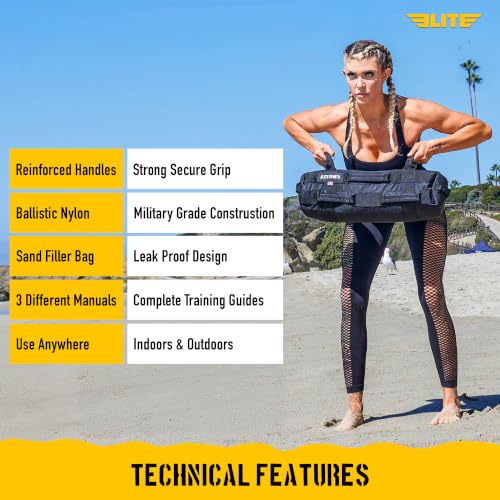Elite Sports 다용도, 집중 코어 근육 피트니스, 전략적 핸들 배치가 있는 근력 트레이닝을 위한 운동 샌드백 (채워지지 않음) - color: 블랙., size: 5 TO 25, 25 TO 50, 50 TO 75 lbs (3 count)