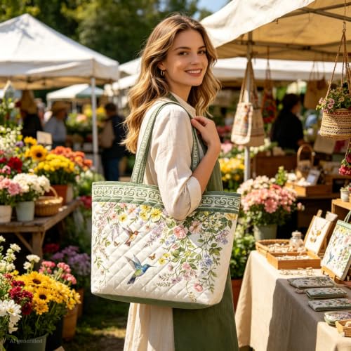 Quilted Tote Bag 2 Pack, Women's Tote Handbags for Work Travel - color: Mint Hummingbird Bronze