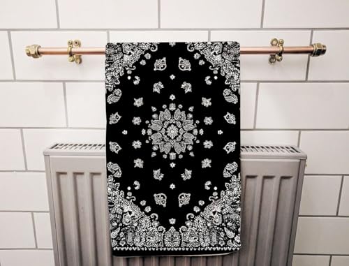 Western Paisley Boho Bath Towel 15X30 Inch Washcloths Black Bandana with White Ornaments Face/Body/Hair/Hand Towel for Spa Gym Yoga Swim Bathroom Kitchen Hotel - color: Western Paisley
