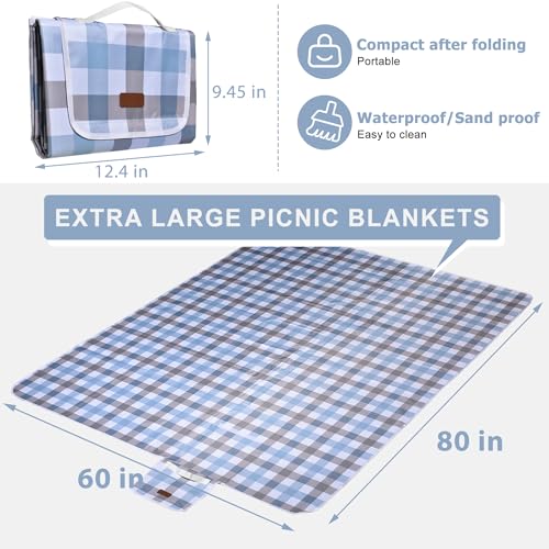 80"x60" Waterproof Sandproof Picnic Mat - Portable Foldable Outdoor Blanket for Beach, Park, Travel & Indoor Use - Lightweight Compact Design, Easy-Carry (Blue&Gray) - color: Blue Gray, size: 80" x 60"