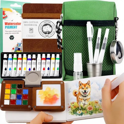 Mini Watercolor Travel Set, All-in-One 12-Color Travel Kit with Palette, Crossbody Bag, Paint Water Cup, Journal, Pocket Set for Artists - color: Brown