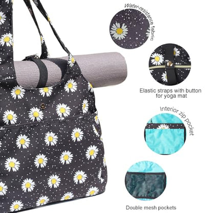 ESVAN Yoga Tote Bag Mat bag Women Shoulder Bags Carryall Tote for Travel Office Workout Gym Nurse Beach - color: Canvas Black Flower