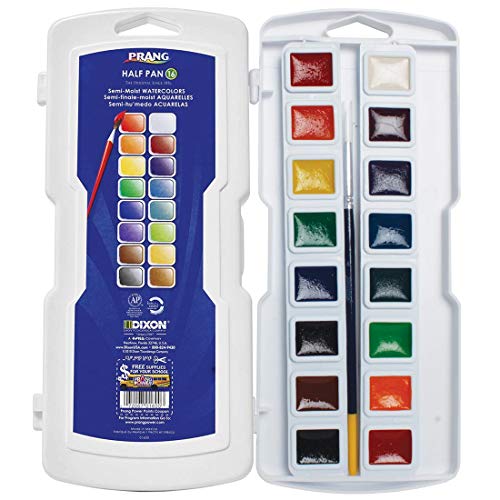Prang Semi-Moist Watercolors 16-Color Half Pan Paint Set, Pack of 1 | Refillable, Size 6 Paint Brush Included - color: 16-Color Set (1-Pack)