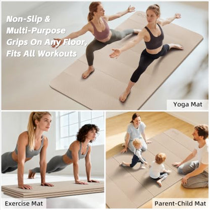 Foldable Yoga Mat Extra Large (74.0" x 47.2" x 0.4") | Double-Sided Non-Slip,Extra Wide Foldable Design,10mm Extra Thick ,Exercise Mat for Gym, Studio, Travel, Home Use - color: Beige