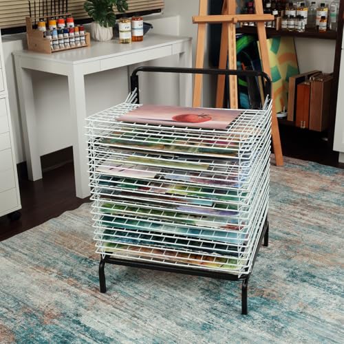 Creative Mark Stack N Dry Floor Art Drying Rack, Mobile Art Rack Stand on Wheels with 20 Coated Metal Spring-Loaded Shelves, for Watercolor, Prints, Paper and Canvas Storage