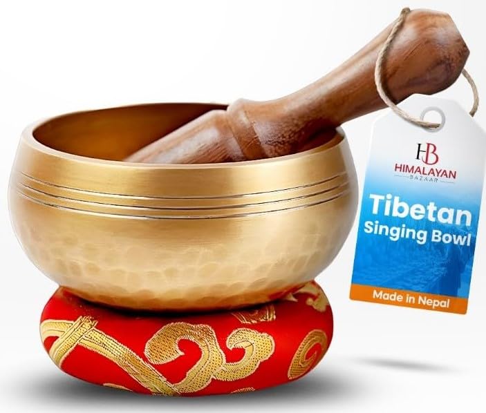 Premium Tibetan Singing Bowl Set - Authentic Handcrafted Mindfulness Meditation Holistic Sound 7 Chakra Healing Gift by Himalayan Bazaar (3 Inch, Gold) - color: Gold - 3 Inch