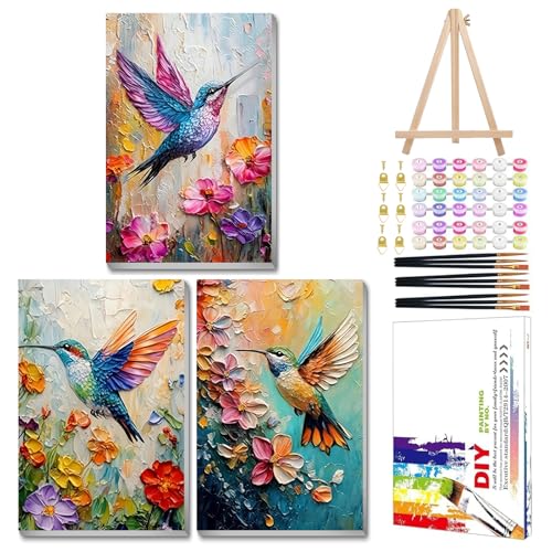 Mandun Hummingbird Paint by Numbers Kit for Adults, 3 Pack, 7.8x11.8 inch | DIY Painting Kits Crafts for Adults, Relieve Stress, Frame Canvas, Wooden Easel, Gift Box, Home Wall Decor - color: 3 Pack Hummingbird