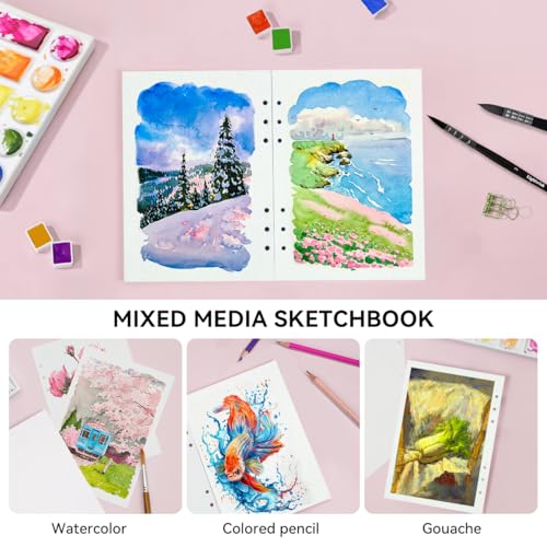 LIGHTWISH Watercolor Paper Bulk, 100% Cotton Cold Press 300gsm/140lb, 2 Pack, Total 40 Sheets A5 Hole-Punched Replaceable Paper for Artists, Adults,Students,5.8 * 8.2 Inches