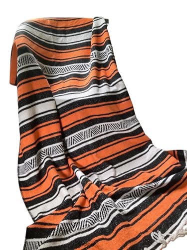 Mexican Falsa Blanket Serepe Throw Authentic Handwoven Saddle Multi-Use for Yoga, Beach, Camping and Picnics - Durable Outdoor Indoor. 60% Cotton. (Orange) - color: Orange