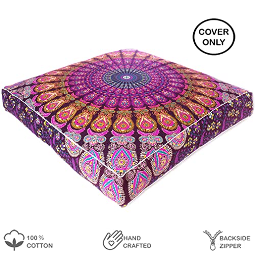 Mandala Floor Pillow Cover Meditation Cushion Seating Throw Hippie Round Colorful Decorative Bohemian Indian Pouf Ottoman Handmade Cover ONLY (Purple 2, 35" x 35") - color: Purple 2, size: 35" x 35" (Pack of 1)