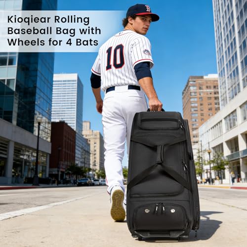 Catchers Gear Bag with Wheels for 4 Bats, 80L Rolling Baseball Bag - color: Black