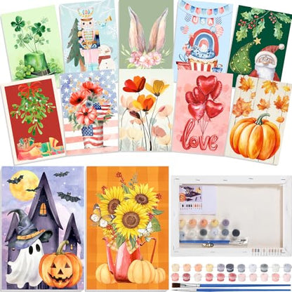Nezyo 12 Sets Paint by Numbers 8 x 12 Inch for Adults Beginner with Wooden Frames Canvas DIY Acrylic Painting Kit Art Gift for Painting Party Sip and Paint Events for Home Decor(Festival) - style: Festival