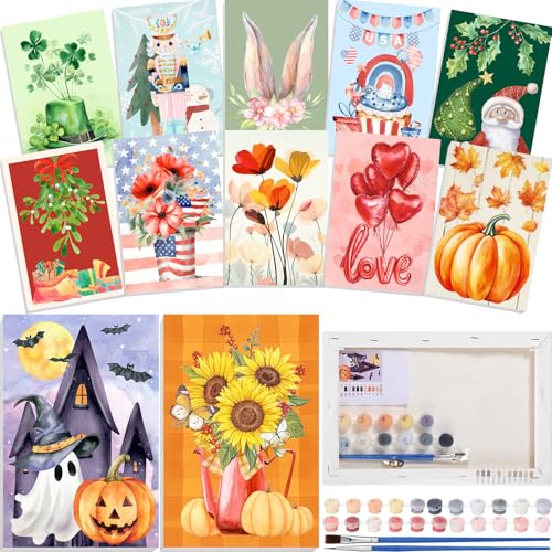 Nezyo 12 Sets Paint by Numbers 8 x 12 Inch for Adults Beginner with Wooden Frames Canvas DIY Acrylic Painting Kit Art Gift for Painting Party Sip and Paint Events for Home Decor(Festival) - style: Festival