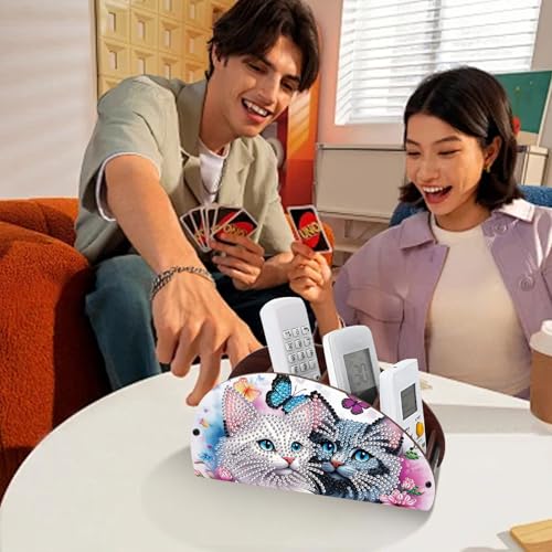 DIY Diamond Painting Storage Box Couple Cats, Handmade 5D Diamond Art Case Multi-Compartment Wooden Desktop Organizer for TV AC Remotes Makeup Brushes Pens Tabletop Holder, Valentine's Day Gift - color: Elegant Cats