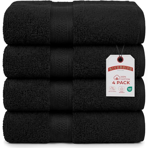 RIVERSIDE 4 Pack Luxury Large Bath Towels, 27x54 Inches, 600 GSM, Black | 100% Cotton, Larger & Lightweight Towels for Shower & Bathroom, Highly Absorbent & Quick-Dry, Perfect for Daily Use - color: Black, size: Bath Towels - 4 Pack