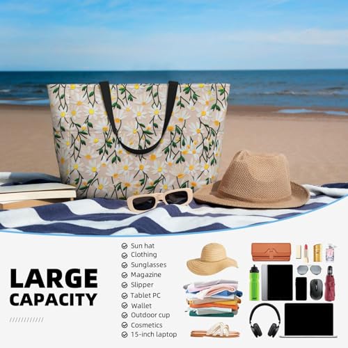 Large Beach Bag for Women Waterproof Foldable Travel Shoulder Tote Bag with Pocket for Weekender Pool Vacation - color: Daisy Beige