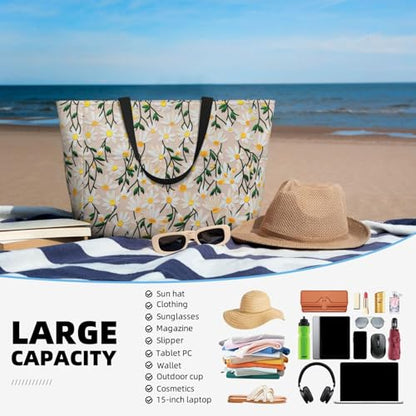 Large Beach Bag for Women Waterproof Foldable Travel Shoulder Tote Bag with Pocket for Weekender Pool Vacation - color: Daisy Beige