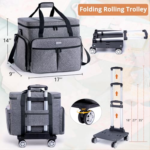 AMOIGEE Rolling Tote Bag with Wheels and Handle, Sewing Machine Case, Craft Organizer Tote for Scrapbooking Storage, Teacher Rolling Bag, Craft Supply Storage, Art Bag, Rolling Cart for Teachers - color: Grey - Black, size: With Wheels