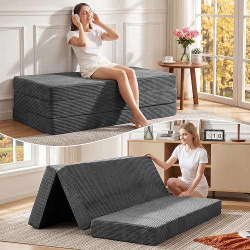 6 Inch Tri Fold Memory Foam Mattress Queen Size, Foldable Futon Mattress Topper with Removable Washable Cover, Portable Floor Sofa Bed Guest Mat with Carry Handles & Non-Slip Bottom for Camping - color: Grey, size: Queen