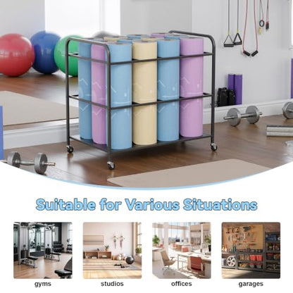 Yoga Mat Storage Rack with Wheels, Rolling Home Gym Organizer for Fitness Equipment, Heavy Duty Iron Workout Cart Holds 12 Mats, 31.5 x 19.7 x 29.5 Inches, Black Black