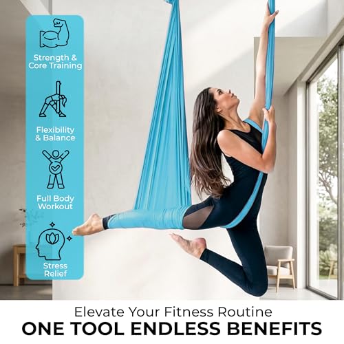 LOTUS78 Aerial Yoga Hammock 5.5 Yards (198 Inches) – Premium Aerial Silk Swing for Antigravity Fitness, Inversion Therapy, Strength & Flexibility | Purple | Yoga Trapeze for Home & Studio - color: Blue