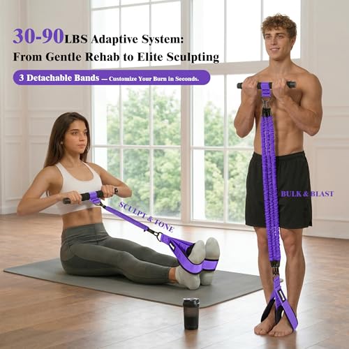 3-Tube Pedal Resistance Band w/Handles, 30/40LBS Sit Workout Gear | Home pedal puller for abs waist leg glutes core pilates training, portable gear for men women daily exercise - color: purple, size: 30lbs