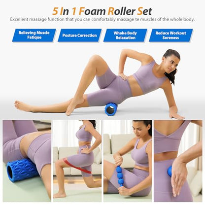 SUBCULTUREPICK 5 in 1 Foam Roller Set High Density Deep Tissue Massager | Trigger Point Massage Roller for Muscle Massage, Massage Ball, Resistance Band for Whole Body Physical Therapy Pure Blue - color: Pure Blue