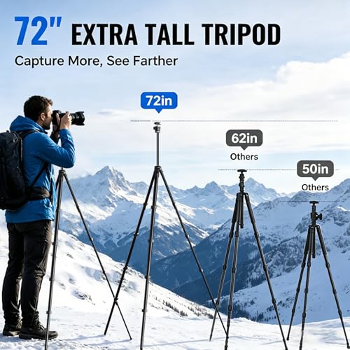 72" Travel Tripod for Camera and Phone, Lightweight Aluminum Tripod with Arca Ball Head, Phone Holder, Quick-Release Plate, Wireless Remote & Carry Bag for DSLR Smartphone Video Recording