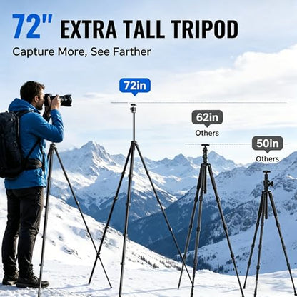 72" Travel Tripod for Camera and Phone, Lightweight Aluminum Tripod with Arca Ball Head, Phone Holder, Quick-Release Plate, Wireless Remote & Carry Bag for DSLR Smartphone Video Recording