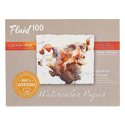 Fluid 100 Watercolor Paper Block, 9 x 12 inches, 15 Sheets, 140 lb (300 GSM) 100% Cotton Cold Press Pad for Artist Painting and Wet Media - size: 9 x 12 (140 lb)