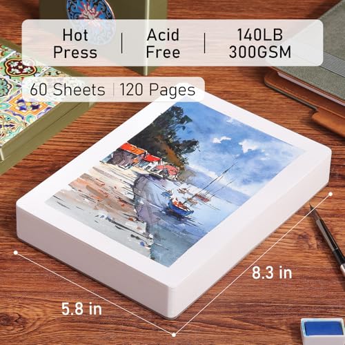 FLUNBRATO Watercolor Paper Pad, 60 Sheets, 8.3 x 5.8 in, Hot Press 100% Cotton, 140LB/300GSM Acid-Free Square Art Pad, Two-Edge Glued, for Gouache, Ink and Mixed Media - size: A5 (8.3 x 5.8 in)
