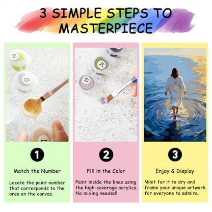 TFIAVSIN Christian Paint by Numbers Kit for Adults, Jesus Walking on Water with Ripples, Miracle on Calm Ocean Scene, Beginner-Friendly Painting by Numbers Canvas Art, 16x20 Inch - color: Jesus