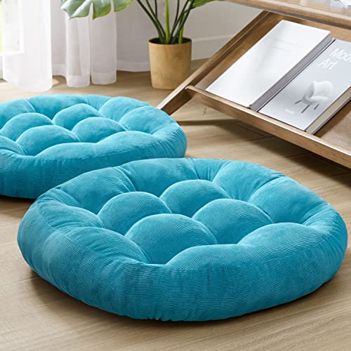 Meditation Floor Pillow Set of 2, Round Large Pillows Seating for Adults, Tufted Corduroy Thick Cushion for Living Room Tatami, Turquoise, 22 Inch'2 Count (Pack of 1) | Reading nook use, Zen relaxation, Tatami seating, Corduroy cover, 3.5 in thick, Shredd