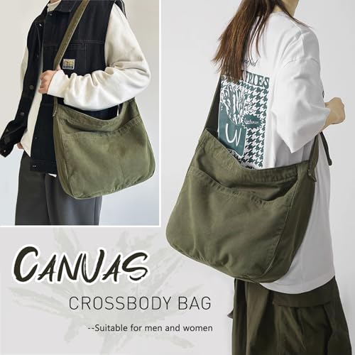 Canvas Tote Bag Casual Hobo Crossbody Shoulder Bag for Women and Men Large Purse Messenger Bag Travel Work - color: 1-army Green