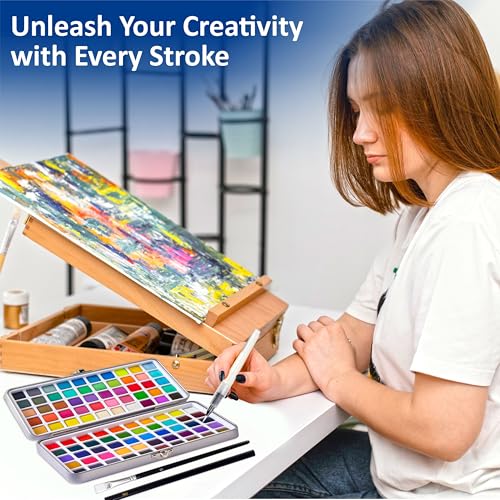 Professional Watercolor Paint Set - 100 Colors Travel Art Kit | Includes 6 detail brushes, water brush pen, nylon brush, sponge, swatch sheet, and supplies for adults, artists & students - style: Set of 100 colors