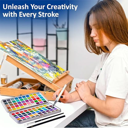 Professional Watercolor Paint Set - 100 Colors Travel Art Kit | Includes 6 detail brushes, water brush pen, nylon brush, sponge, swatch sheet, and supplies for adults, artists & students - style: Set of 100 colors