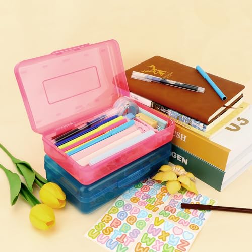 Pink Blue Pencil Case 2 Pack - Large Capacity Plastic Pencil Box Organizer - color: Pink Blue
