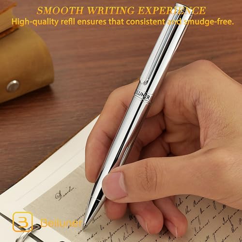 BEILUNER Silver Gel Pen - Luxury Featuring Bright Chrome Finishes, Black Ink Refill, Best Pen Gift Set for Men & Women, Business Signature, Executive, Office Retractable,Nice Fancy Designer Pens - color: Silver