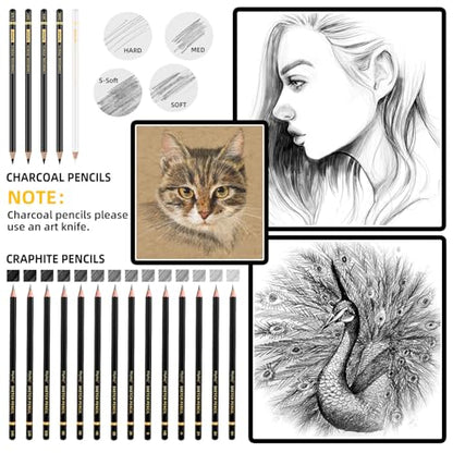 Sketch Drawing Pencil Set, 24 Pcs, Graphite Pencils (14B-4H) | Art Pencil Kit with Black and White Charcoal Pencils, Charcoal Sticks, Stumps, Eraser, Sharpeners, Sketch Set for Artists