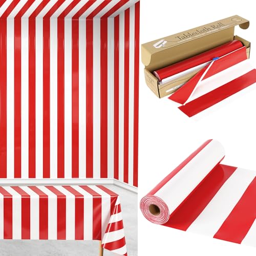 100FT x 54IN Carnival Red & White Striped Tablecloth Roll with Cutter Box | Heavy Duty Disposable Platic Table Cover Wall Backdrop, Cut-to-size for Booths Parties Backdrops - color: Red and White Stripe, size: 1200" x 54" (Rectangular)
