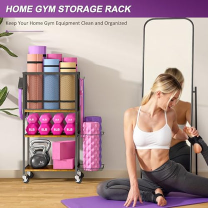 Dumbbell Rack, Yoga Mat Storage Holder, Home Gym Storage Rack, Workout Equipment Storage Organizer, Weight Storage Holder Rack with Hooks and Wheels - size: 3 Tier